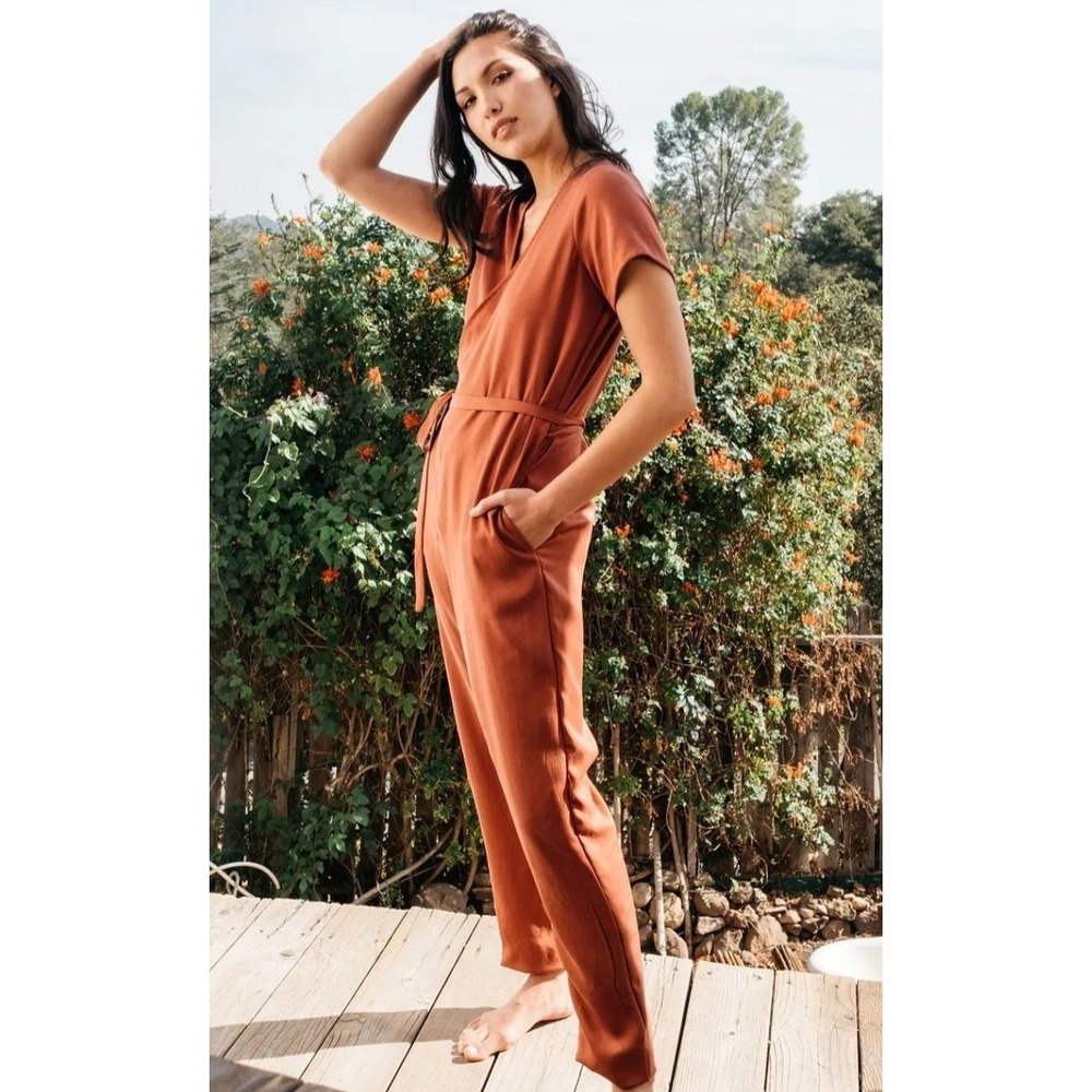 Sotela Stella Clay Rust 100% Tencel Wrap Front Short Sleeve Jumpsuit Size 1 S/M